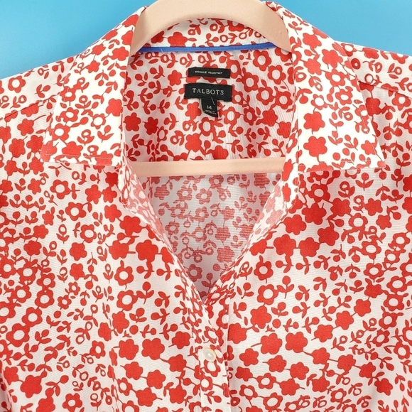 Talbots red and white flower button up top - Picture 10 of 13